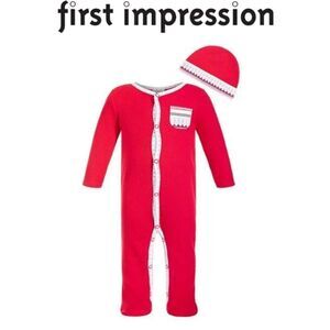 First Impressions Holiday Christmas Jumpsuit Romper Coverall Hat Set 0-3…